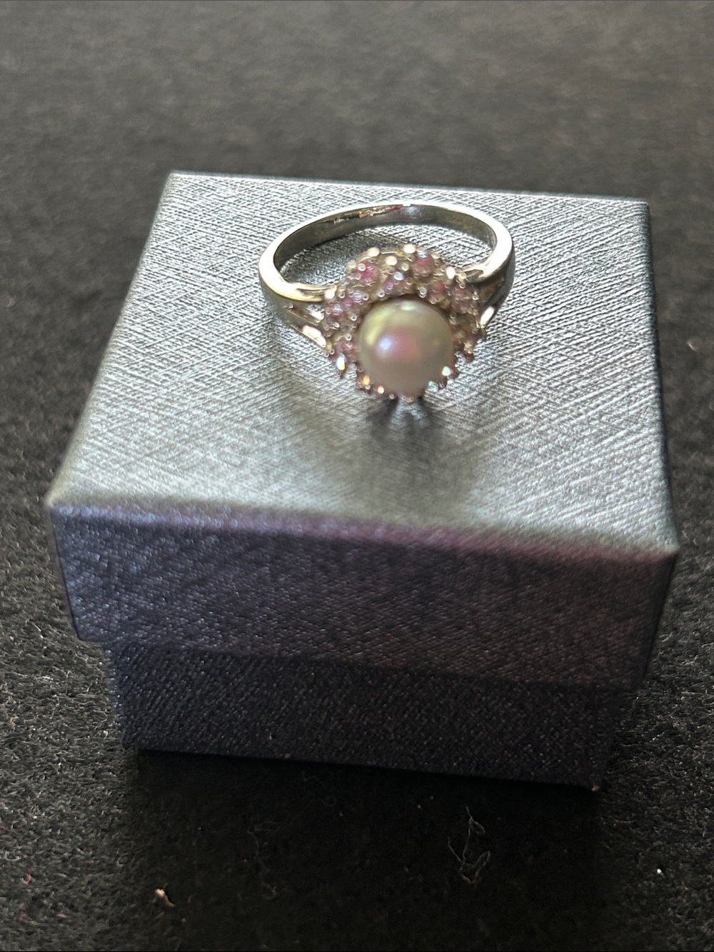 SIZE 8 FAUX Pearl Halo Ring in Silver with CZ Accents